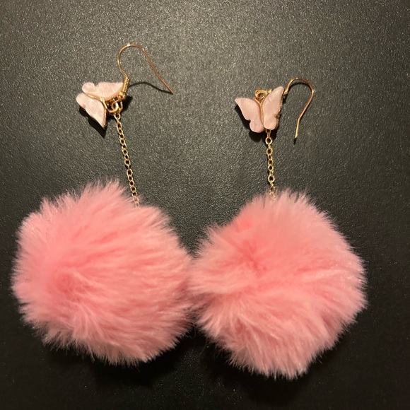 Pom Pom Star Drop Earrings Cute Faux Fur Tassel Fluffy Ball Butterfly Dangling - Picture 1 of 2